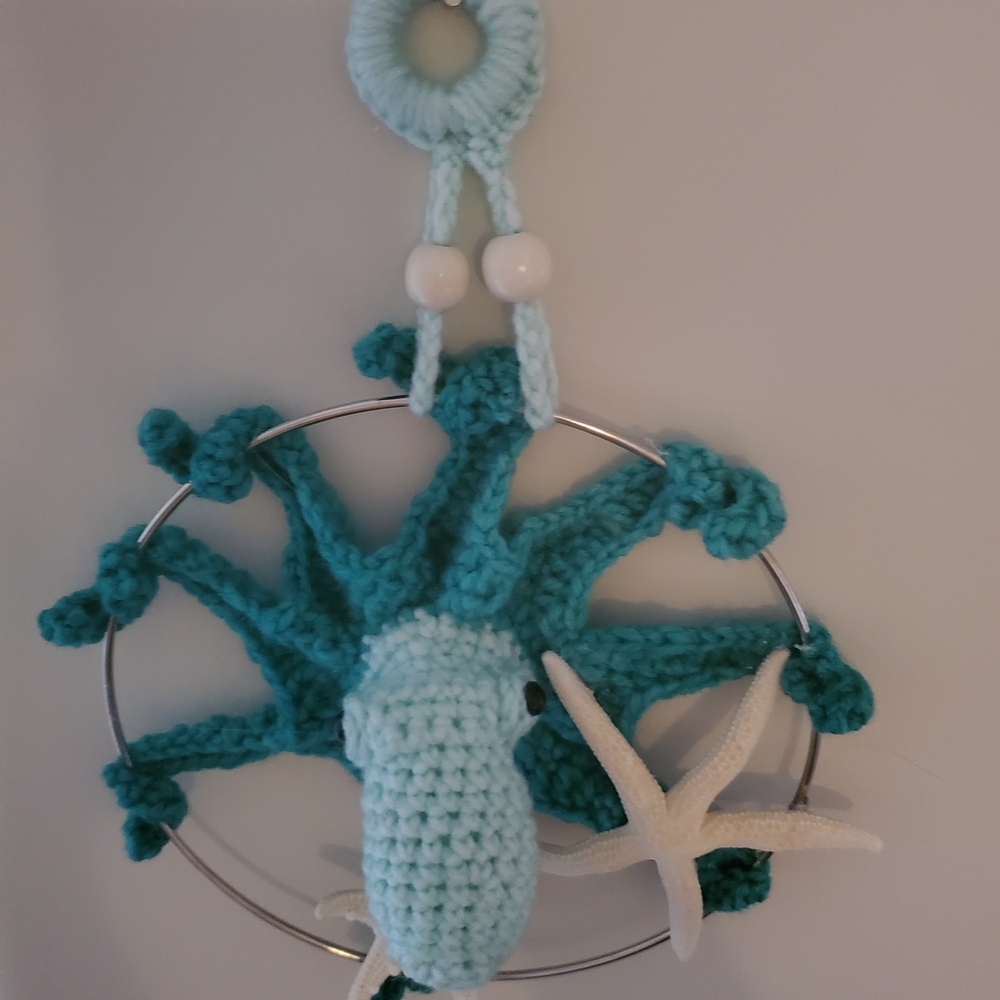 Handmade Crochet Sea Star Wall Hanging in Teal and Light Blue - Picture 8 of 11